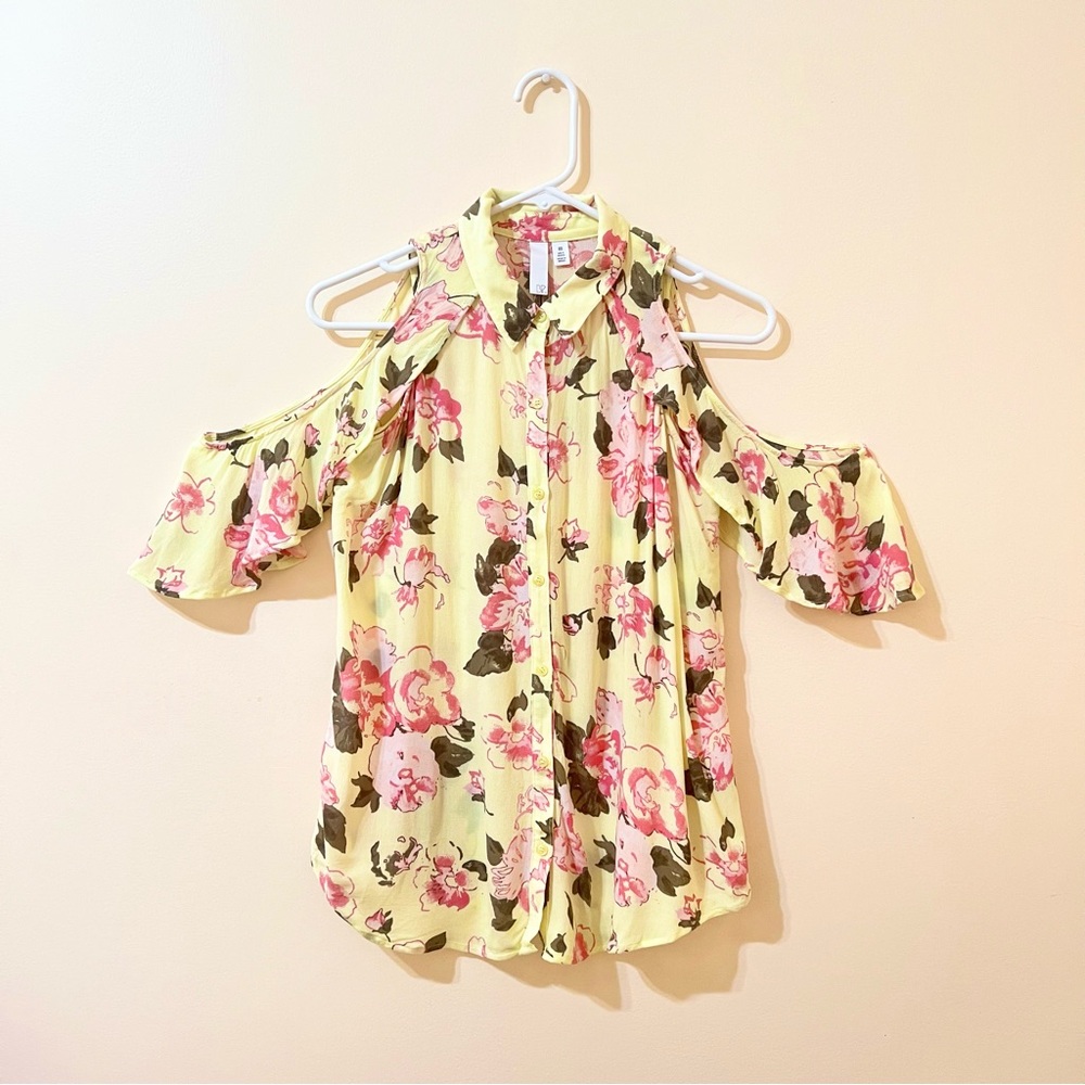 BP Yellow/Pink Floral Cold Shoulder Button Up Blouse